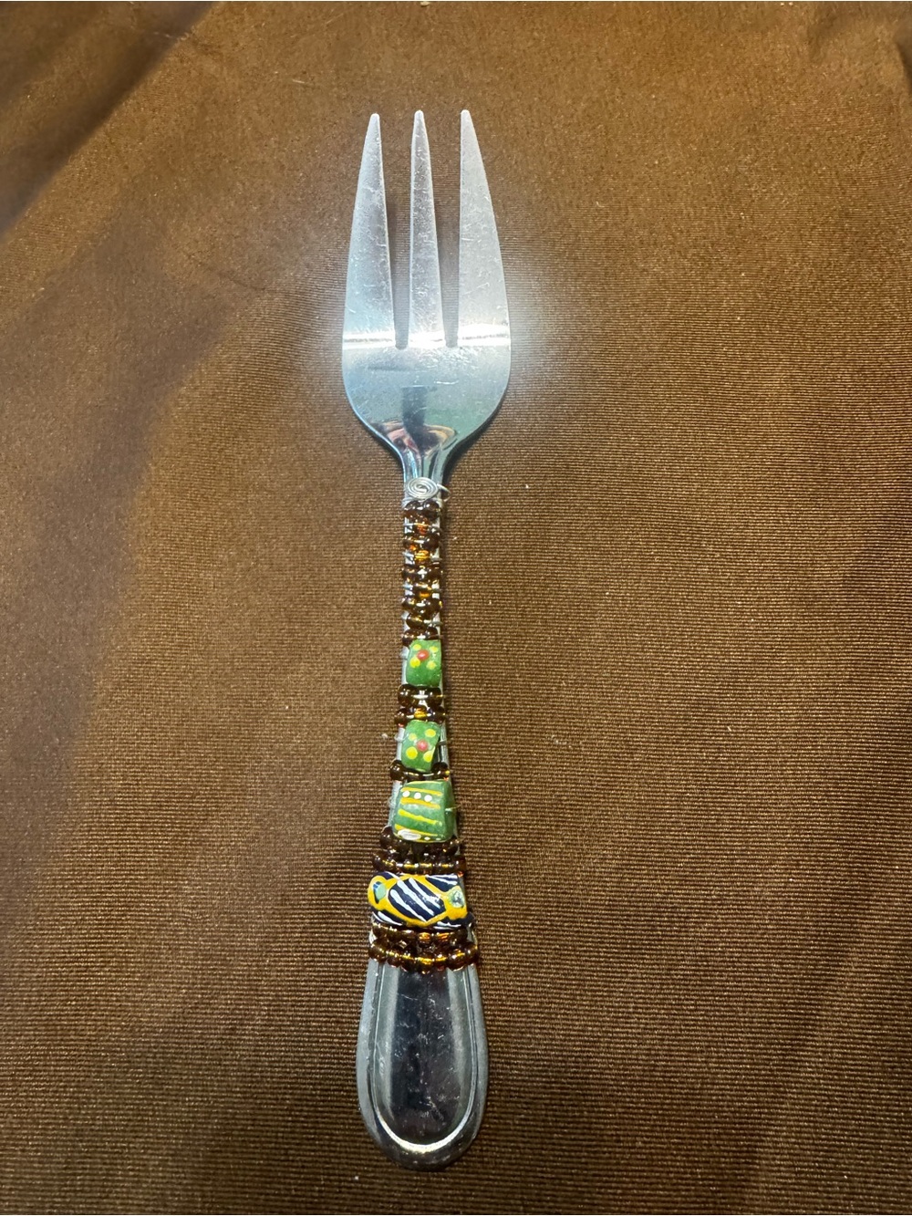 Farberware Stainless Steel Plum Green Glass Bead Wire Wrapped Serving Fork